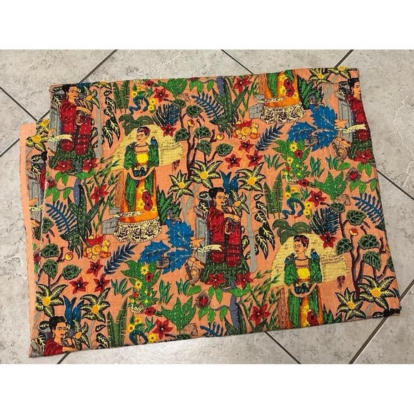 Peach Frida Kahlo boho cotton quilt throw 90